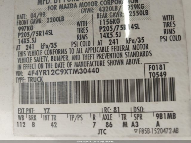 1999 MAZDA B2500 4F4YR12C9XTM30440 Photo 8