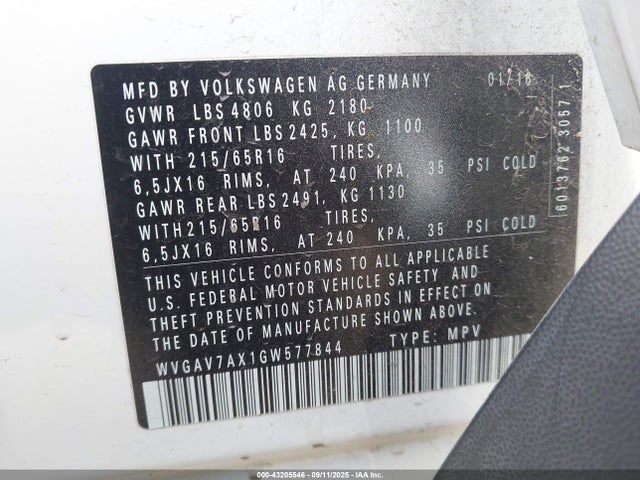 WVGAV7AX1GW577844 Volkswagen 2.0t