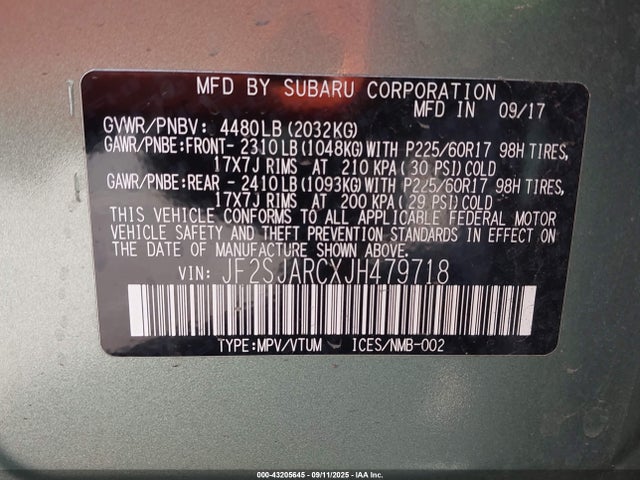 Subaru naturally aspirated u5 2018 JF2SJARCXJH479718 Image 9