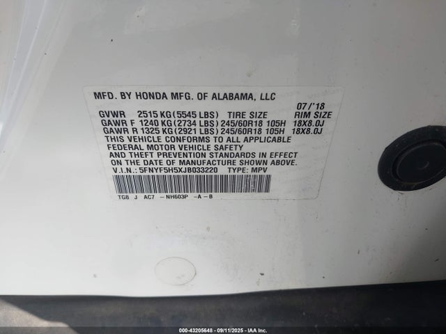 Honda j35y6 2018 5FNYF5H5XJB033220 Image 9