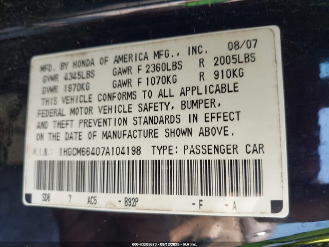 2007 Honda Accord 3.0 Se მანქანა იყიდება აუქციონზე, vin: 1HGCM66407A104198, აუქციონის ნომერი: 43205673