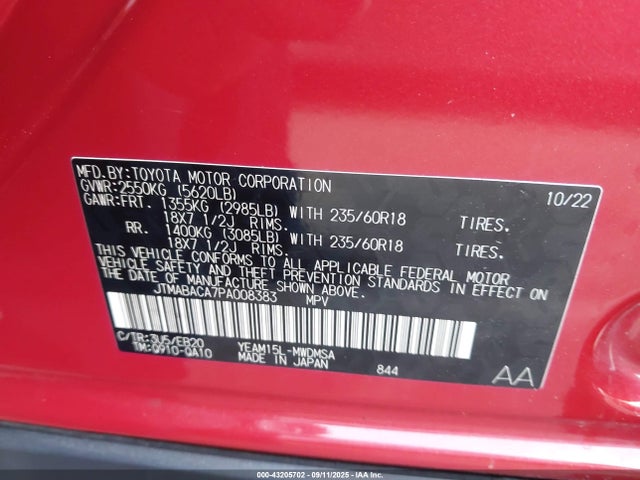 JTMABACA7PA008383 Toyota 1ym motor