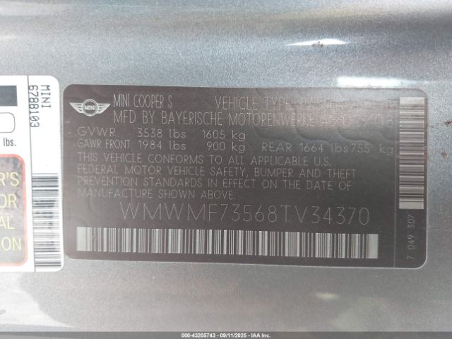 2008 MINI COOPER S WMWMF73568TV34370 Photo 8