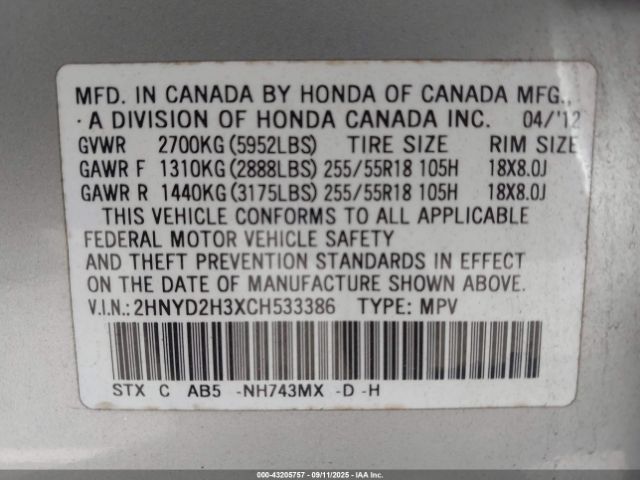 2012 ACURA MDX 2HNYD2H3XCH533386 Photo 8