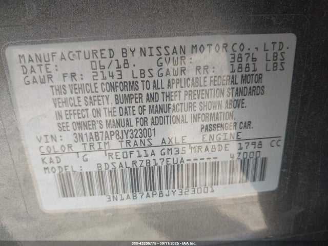 3N1AB7AP8JY323001 Nissan Sentra