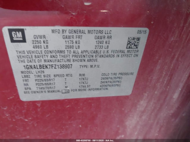 1GNALBEK7FZ138907 Chevrolet lea - flex fuel (gas/alc), aluminum, ho,