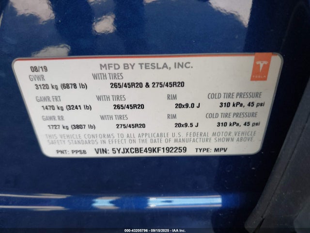 2019 TESLA MODEL X 5YJXCBE49KF192259 Photo 8