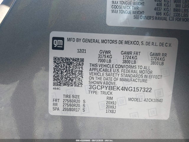 Chevrolet l3b 2022 3GCPYBEK4NG157322 Image 9
