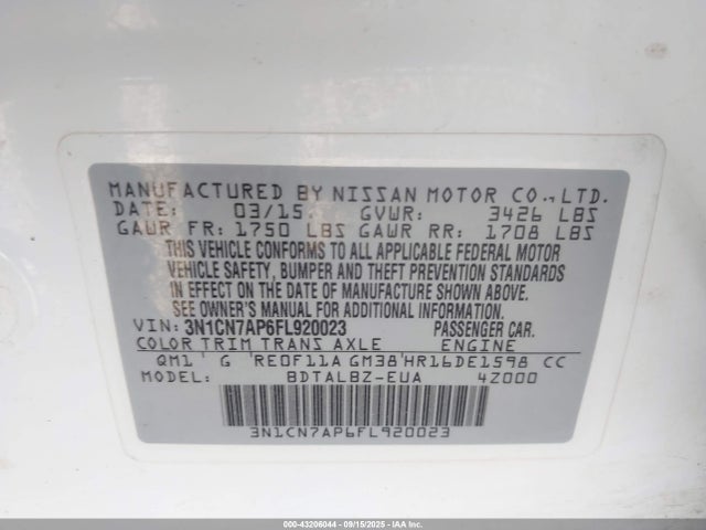 3N1CN7AP6FL920023 Nissan Versa