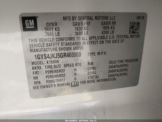 2016 CADILLAC ESCALADE ESV 1GYS4JKJ5GR460960 Photo 8