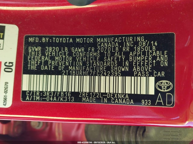 Toyota 2zr-fe 2015 2T1BURHE7FC242395 Image 9