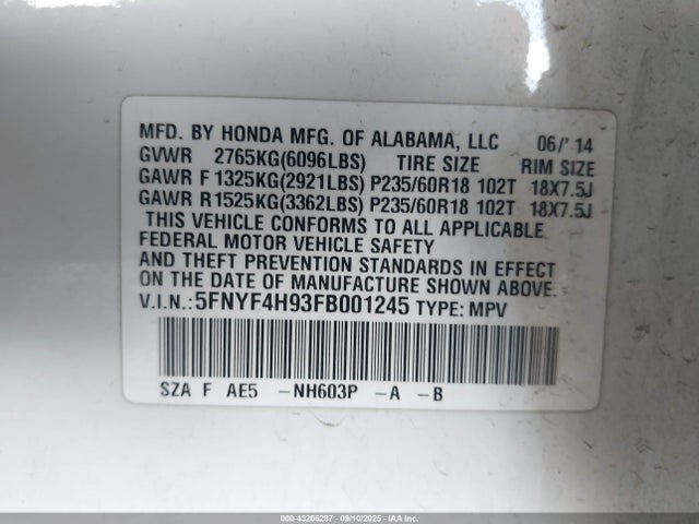 5FNYF4H93FB001245 Honda j35z4