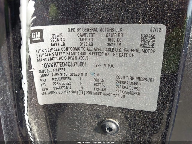 Aukcja sprzedaży 2012 Gmc Acadia Denali, vin: 1GKKRTED4CJ378661, numer aukcji: 43206331