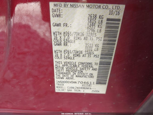 1N6DD0EV0HN704611 Nissan Frontier Sv