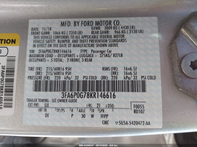 2019 FORD FUSION 3FA6P0G78KR146616 Photo 8