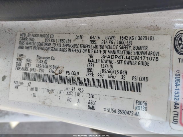3FADP4TJ4GM171078 Ford 1.6l ti-vct premium fuel
