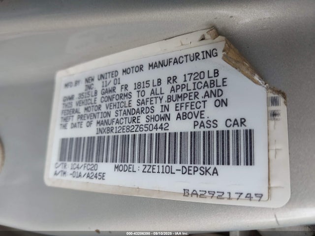 Продаж на аукціоні авто 2002 Toyota Corolla S, vin: 1NXBR12E82Z650442, номер лоту: 43206398