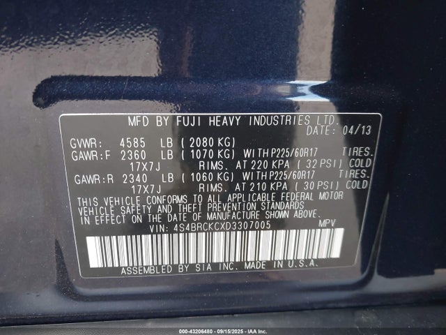 Продажа на аукционе авто 2013 Subaru Outback 2.5i Limited, vin: 4S4BRCKCXD3307005, номер лота: 43206480