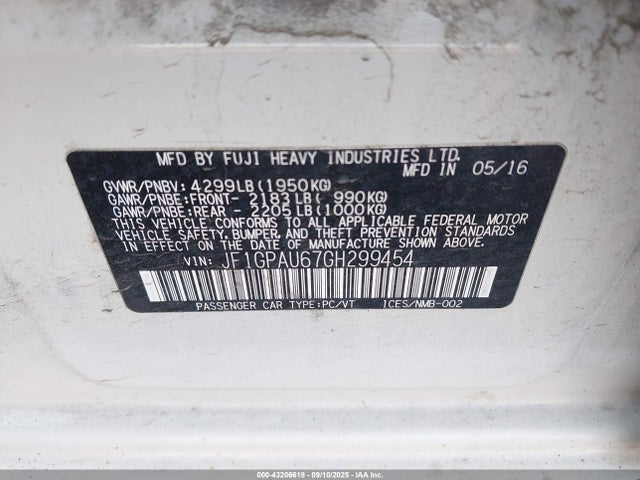 JF1GPAU67GH299454 Subaru 2.0l na
