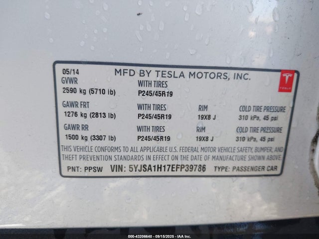 2014 TESLA MODEL S 5YJSA1H17EFP39786 Photo 8