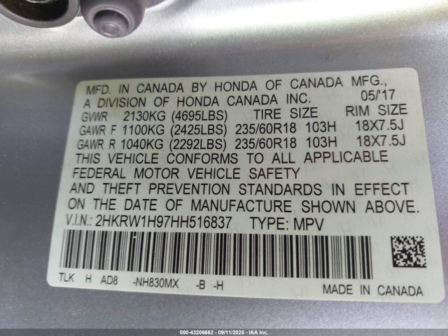 2HKRW1H97HH516837 Honda l15be
