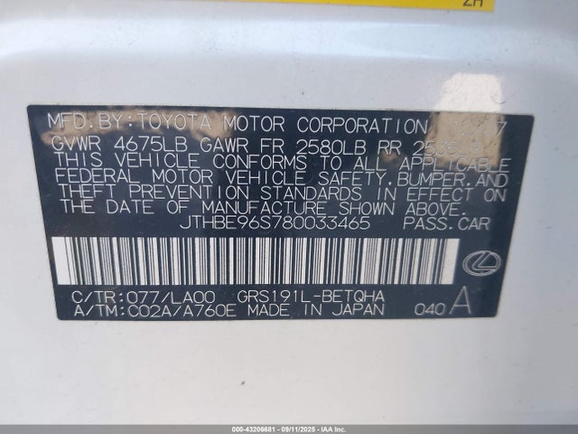 Aukcja sprzedaży 2008 Lexus Gs 350, vin: JTHBE96S780033465, numer aukcji: 43206681