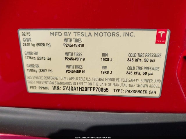 2015 TESLA MODEL S 5YJSA1H29FFP70855 Photo 8