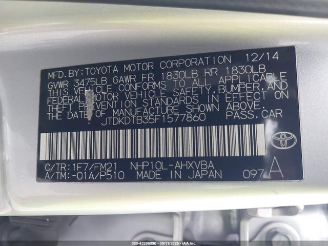 JTDKDTB35F1577860 Toyota 1nz-fxe+1lm