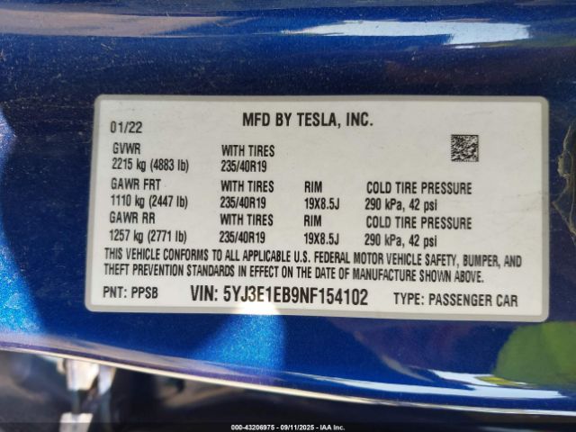 2022 TESLA MODEL 3 5YJ3E1EB9NF154102 Photo 8
