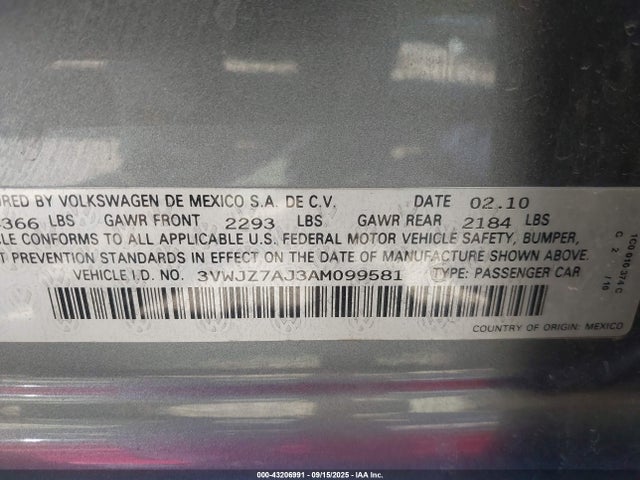 43206991 :رقم المزاد ، 3VWJZ7AJ3AM099581 vin ، 2010 Volkswagen Jetta S مزاد بيع