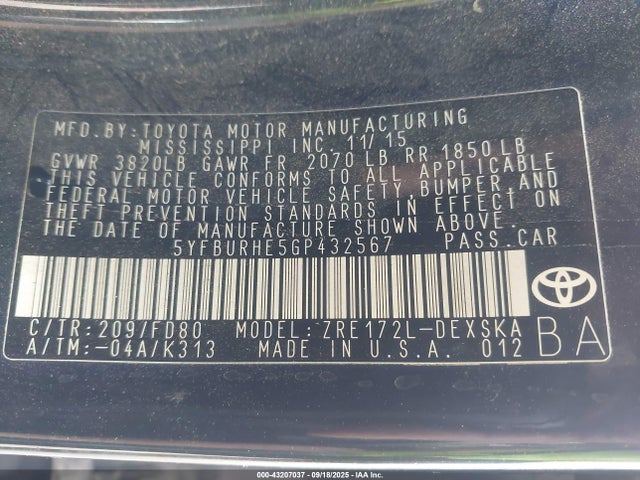 5YFBURHE5GP432567 Toyota 2zr-fe