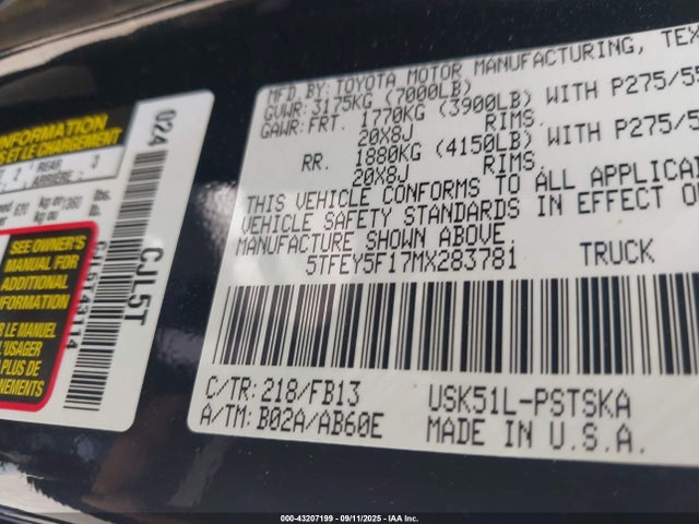 Toyota Tundra Sr5 2021 5TFEY5F17MX283781 Image 9