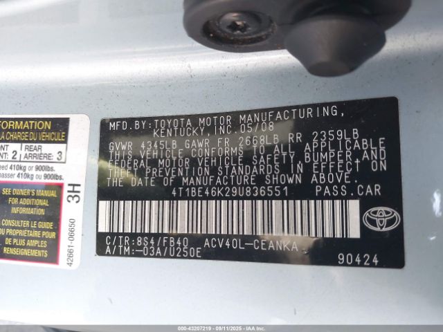2009 TOYOTA CAMRY 4T1BE46K29U836551 Photo 8