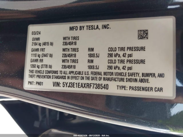 2024 TESLA MODEL 3 5YJ3E1EAXRF738540 Photo 8