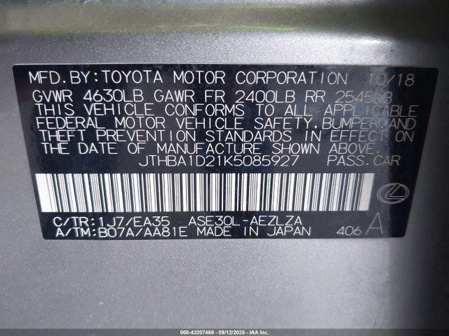 Lexus 8ar-fts 2019 JTHBA1D21K5085927 Image 9