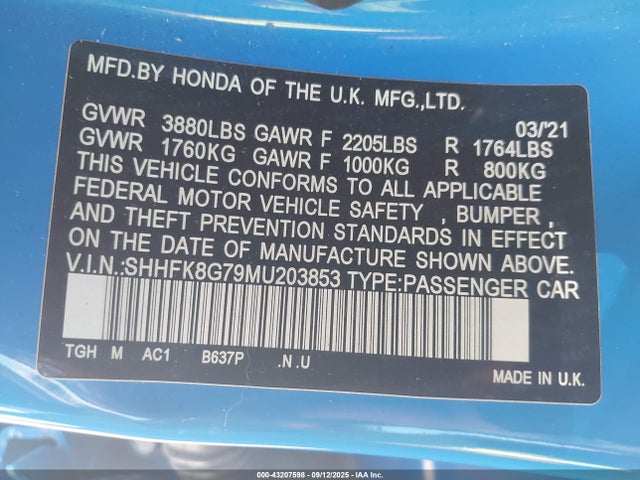 SHHFK8G79MU203853 Honda k20c1