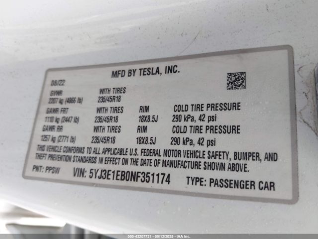 2022 TESLA MODEL 3 5YJ3E1EB0NF351174 Photo 8