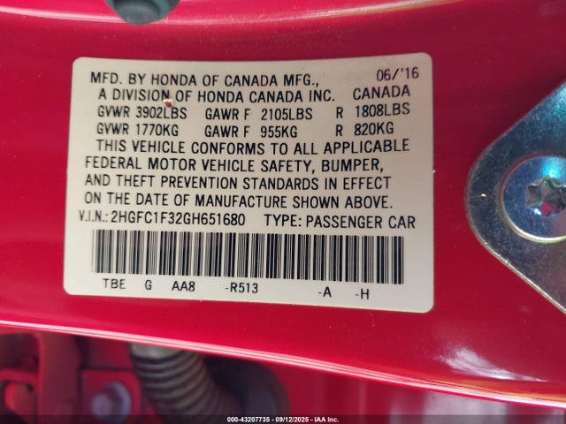 Honda l15b7 2016 2HGFC1F32GH651680 Image 9