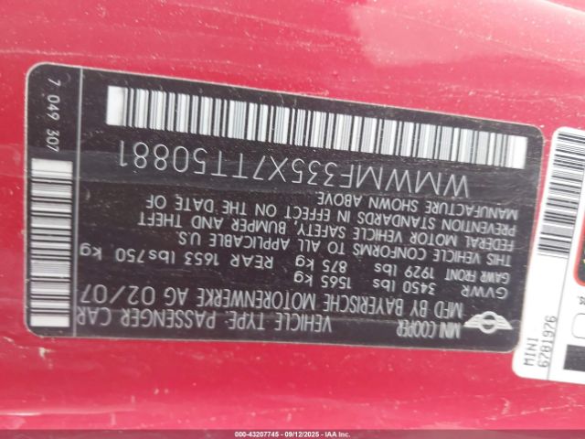 2007 MINI COOPER WMWMF335X7TT50881 Photo 8