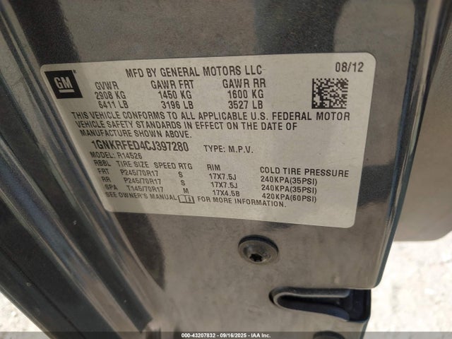 Aukcja sprzedaży 2012 Chevrolet Traverse Ls, vin: 1GNKRFED4CJ397280, numer aukcji: 43207832