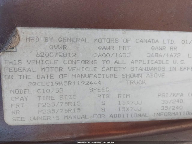 43207913 :رقم المزاد ، 2GCEC19K5R1192444 vin ، 1994 Chevrolet Gmt-400 C1500 مزاد بيع