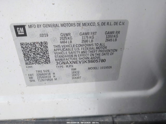 3GNAXNEV1KS605780 Chevrolet lyx - direct injection, vvt, fgt, turbo, alum, gen1