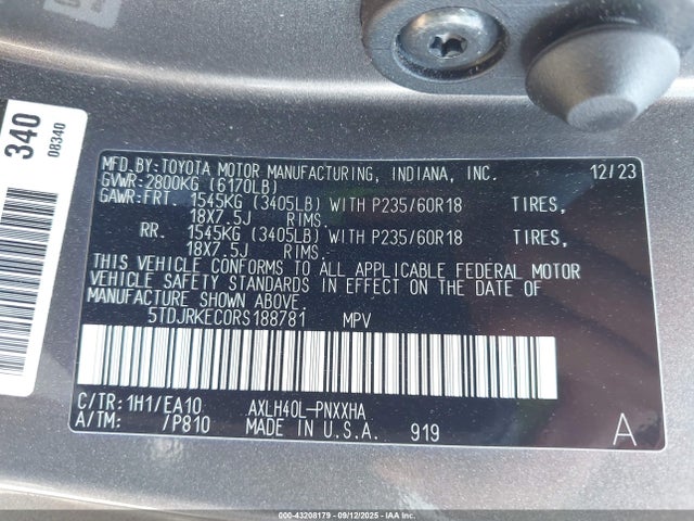 5TDJRKEC0RS188781 Toyota SIENNA XLE