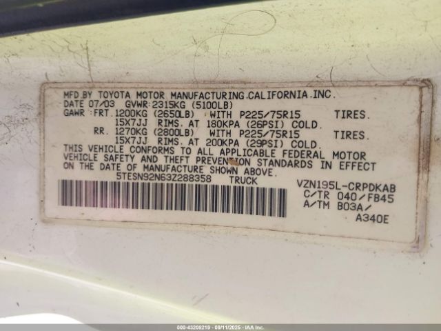 2003 TOYOTA TACOMA 5TESN92N63Z288358 Photo 8