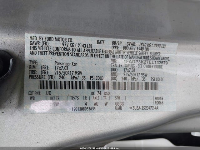 43208297 :رقم المزاد ، 1FADP3K27EL132679 vin ، 2014 Ford Focus Se مزاد بيع