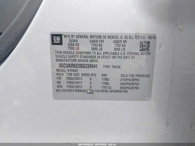 Продажа на аукционе авто 2016 Chevrolet Silverado 1500 1lt, vin: 3GCUKREC9GG238941, номер лота: 43208336