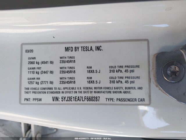 2020 TESLA MODEL 3 5YJ3E1EA7LF660287 Photo 8