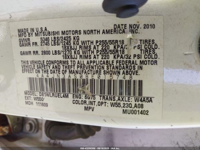 2011 MITSUBISHI ENDEAVOR 4A4JN3AS0BE015748 Photo 8