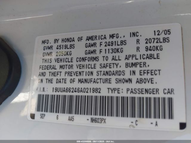 2006 ACURA TL 19UUA66246A021982 Photo 8