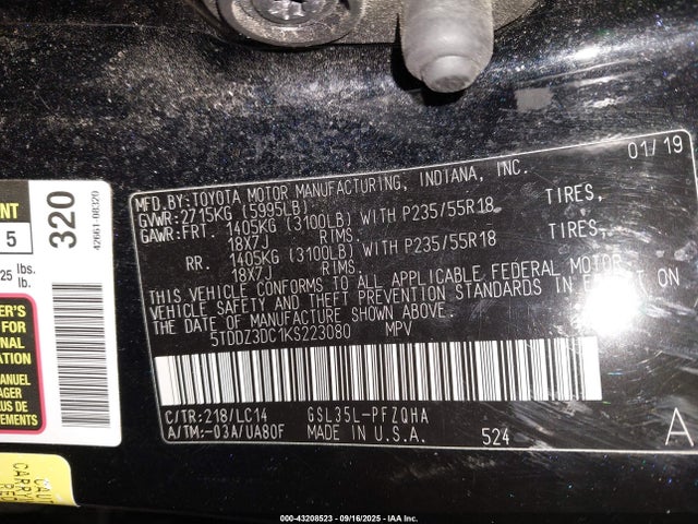 5TDDZ3DC1KS223080 Toyota 2gr-fks
